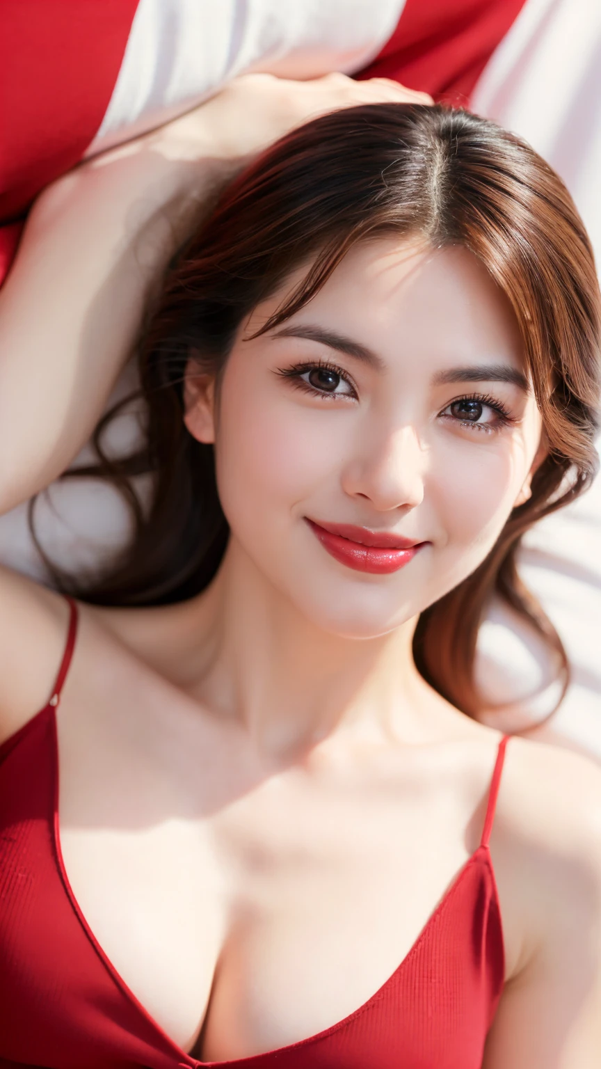 ((RAW photograph, Realistic photo, Best quality, 8K, Masterpiece: 1.3)), (raw photo:1.2), Hyperrealist portrait gorgeous Beautiful Chinese woman, mature woman, 40 years old, Milf, pretty body, (beautiful breast: 1.2, face with wrinkles), very detailed eyes and face, (lustfully naughty face, crimson red lip, heavy makeup: 1.3, blushing), beautiful detailed eyes, seductive sharp eyes, (charming smile: 1.2), smooth white skin, photo realistic, very detailed faces, ((chemise dress)), (long legs: 1.2, beautiful long nails), loose curls hairstyle, ((sit on bed)), (home bedroom background)