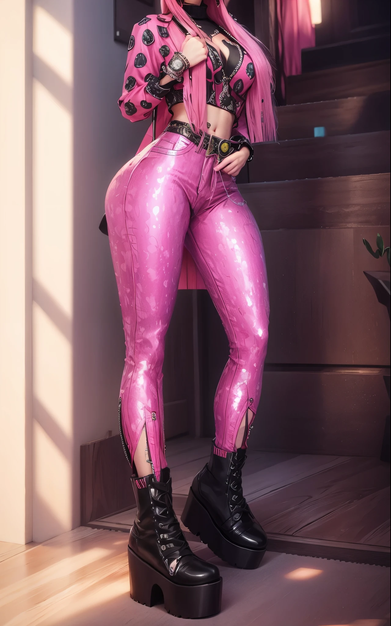 AVATAR SECOND LIFE Korean girl pink blouse smile, asiática pink  hair, pink  hair, pink  hair, Perfect and detailed face, imvu, maximalist details, AVATAR SECOND LIFE Korean blouse and pants , neon, pink  hair, jeans