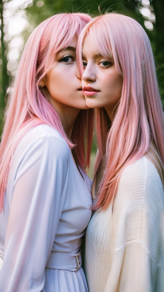 Pink haired girl kissing blonde haired girl