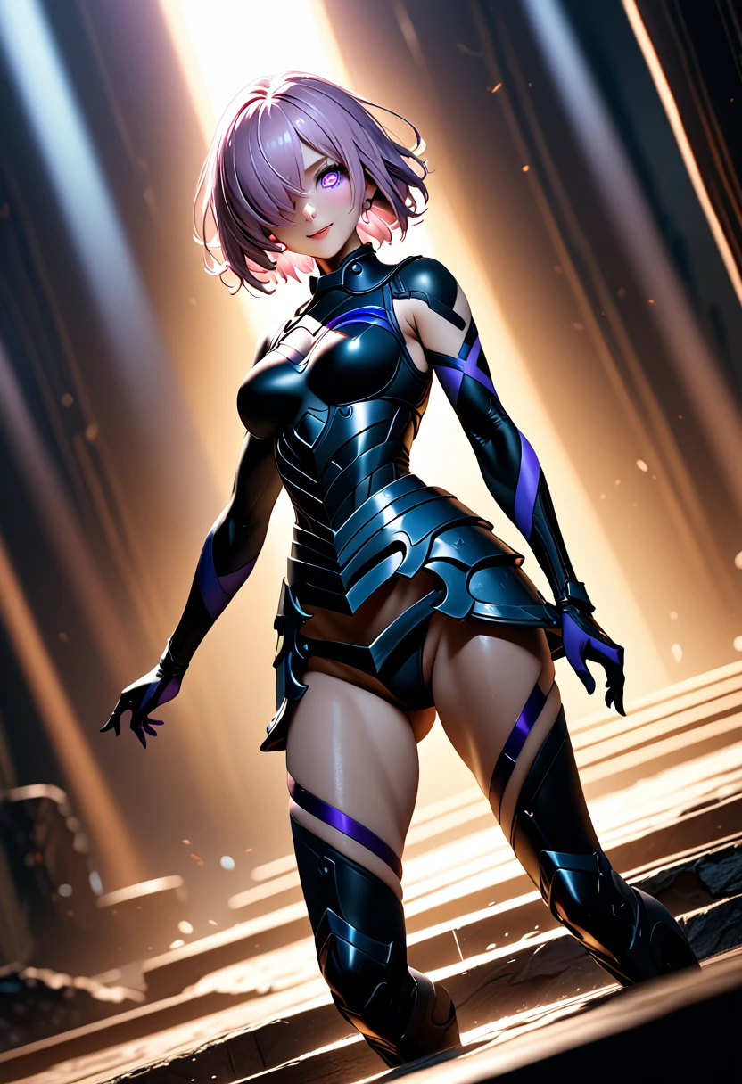 (masterpiece, top quality, best quality, beautiful and aesthetic:1.2), full body, extremely detailed, detailed face and eyes, cinematic light, depth of field, 1girl, seducing smile, solo, official, dark armor, mash kyrielight, light purple hair, short hair, hair over one eye, slim body, cinematic lighting, dramatic lighting, dramatic atmosphere, hyper-realistic, high resolution, stunning contrast, high quality, best quality, 8k, 4k, intricately detailed, (amazing details:1.2), highly detailed skin, powerful presence, vibrant colors, (detailed eyes:1.2), striking eyes, (detailed background), (dynamic angle:1.2), (dynamic pose:1.2)