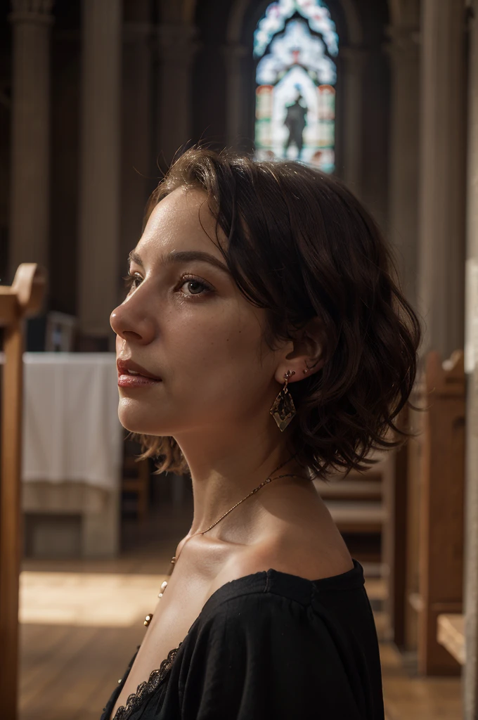 ((best qualityer)), ((work of art)), (detailded), 1 girl, 35 years old woman, IN THE CHURCH PRAYING, praying, BIG CHURCH, image of JESUS CHRIST,  Portrait of a BRAZILIAN woman, SERIOUS appearance with WAVY hair, shorth hair, hazel eyes, LONG BLACK DRESS, perfect composition, hyper realist, Super detailded, 8K, high qualiy, trending art, trends on artstation, sharp focus, studio photo, details Intricate, altamente detailded, art by greg rutkowski, hoop earings, relogio no pulso, sketch, SIDE camera, floor , shorth hair, short wavy hair