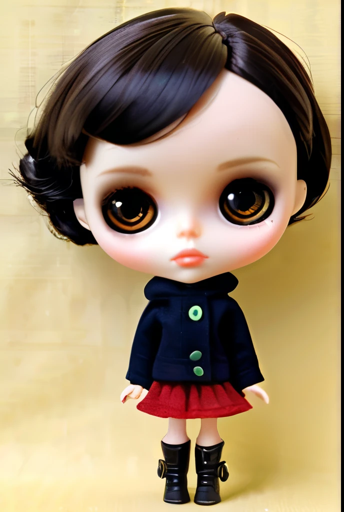 Blythe doll, a brunette girl, short black hair, dark brown eyes, bare forehead and medium-sized lips. 