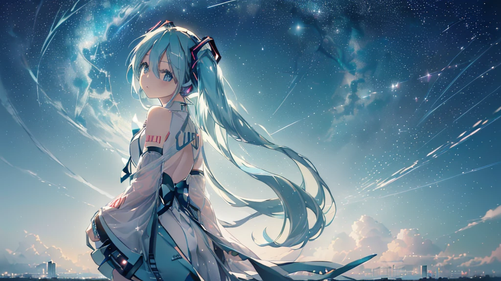 (((Starry Sky), ((Beautiful eyes)), (((Hatsune Miku))), (((Highest quality、masterpiece、Ultra-fine、Ultra-fine、Exquisite、16K、Full HD,))) 、(((look back))),Long eyelashes、White skin、(thin and long)、 ((cute)) ((One person)) 