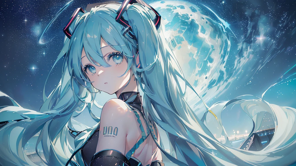 (((Starry Sky), ((Beautiful eyes)), (((Hatsune Miku))), (((Highest quality、masterpiece、Ultra-fine、Ultra-fine、Exquisite、16K、Full HD,))) 、(((look back))),Long eyelashes、White skin、(thin and long)、 ((cute)) ((One person)) 