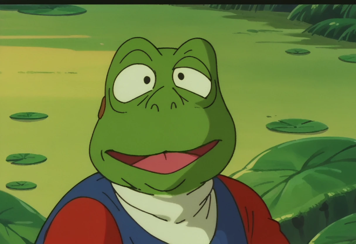 anime screencap,drgbls1, solo,anthro frog, male,score_9, score_8_up, score_7_up, score_6_up. smile, upper body,swamp, Kermit1024