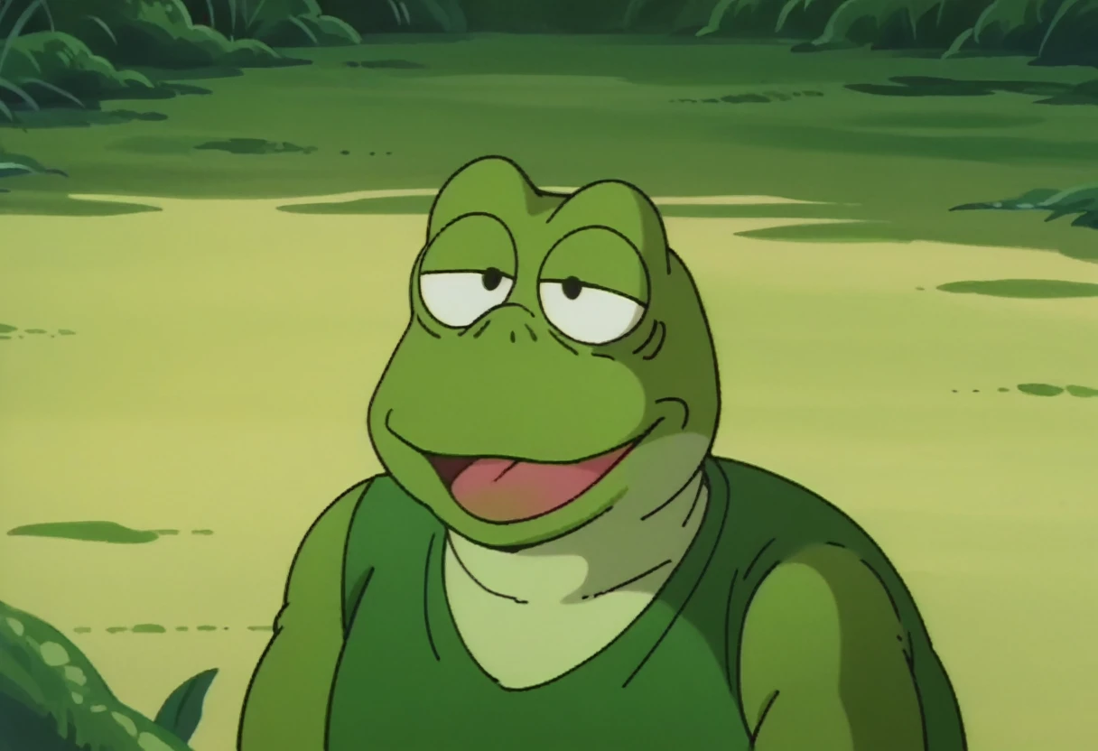 anime screencap,drgbls1, solo,anthro frog, male,score_9, score_8_up, score_7_up, score_6_up. smile, upper body,swamp, Kermit1024