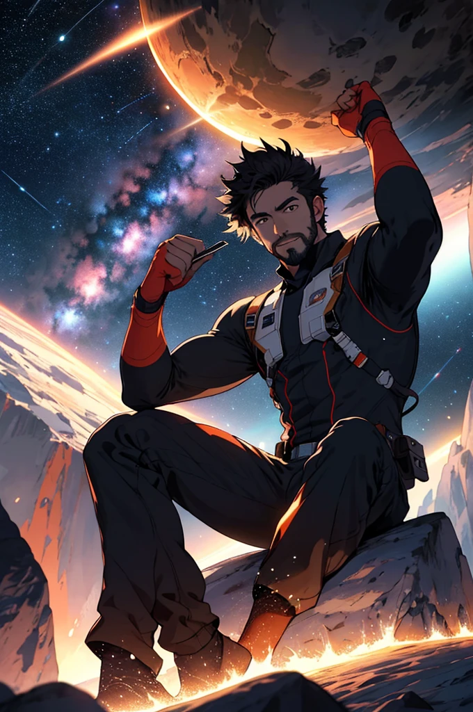 Draw a young programmer, sitting on a research platform floating in the middle of an asteroid belt. He is studying with a notebook, surrounded by several asteroids glowing with fiery auras. Dramatic lighting from distant stars and planets illuminates the scene, casting deep shadows on the suit. The young man looks confident and determined, looking at the vast and mysterious universe with wonder and respect,facial hair, cowboy shot,