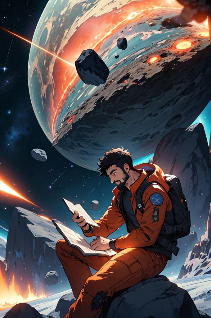 Draw a young programmer, sitting on a research platform floating in the middle of an asteroid belt. He is studying with a notebook, surrounded by several asteroids glowing with fiery auras. Dramatic lighting from distant stars and planets illuminates the scene, casting deep shadows on the suit. The young man looks confident and determined, looking at the vast and mysterious universe with wonder and respect,facial hair, cowboy shot,