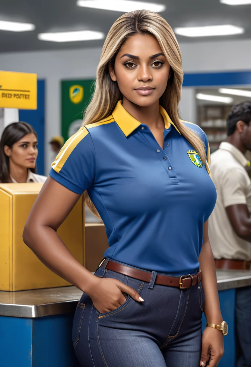 Hyper realistic image of a younger middle-aged woman, broad shoulders and back, thick thighs, tall, dark skin, straight hair with blonde highlights, bulky but fit body, large bust, brown eyes, dressed in a blue polo shirt with yellow stripes on the sleeves and collar and jeans and working as an attendant at the Brazilian post office