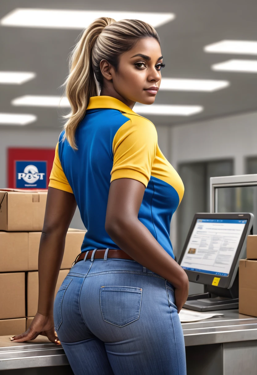 Hyper realistic image of a younger middle-aged woman, broad shoulders and back, thick thighs, tall, dark skin, straight hair with blonde highlights, bulky but fit body, large bust, brown eyes, dressed in a blue polo shirt with yellow stripes on the sleeves and collar and jeans and working as an attendant at the Brazilian post office