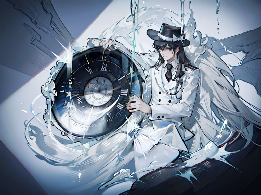 a man, with black hair, wearing a white hat, white suit and black shirt and white tie, a time lord, he is handsome, half body smile facing the camera, kerenn🔥 dia masih muda anj