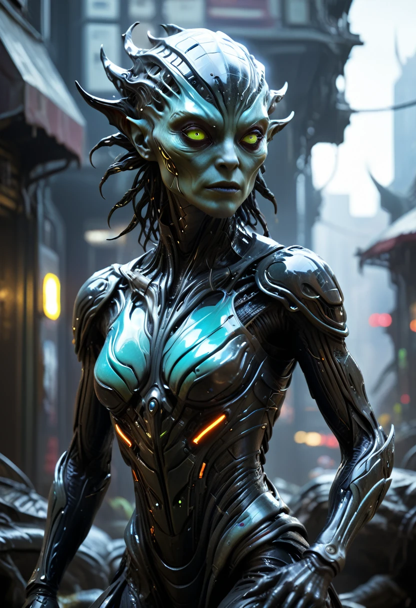 Science fiction, fully body, intelligent and charismatic, Respect, Stately, fragile, Fine body, fully body, neon, alien, futurist, cyberpunk, tenebrosa