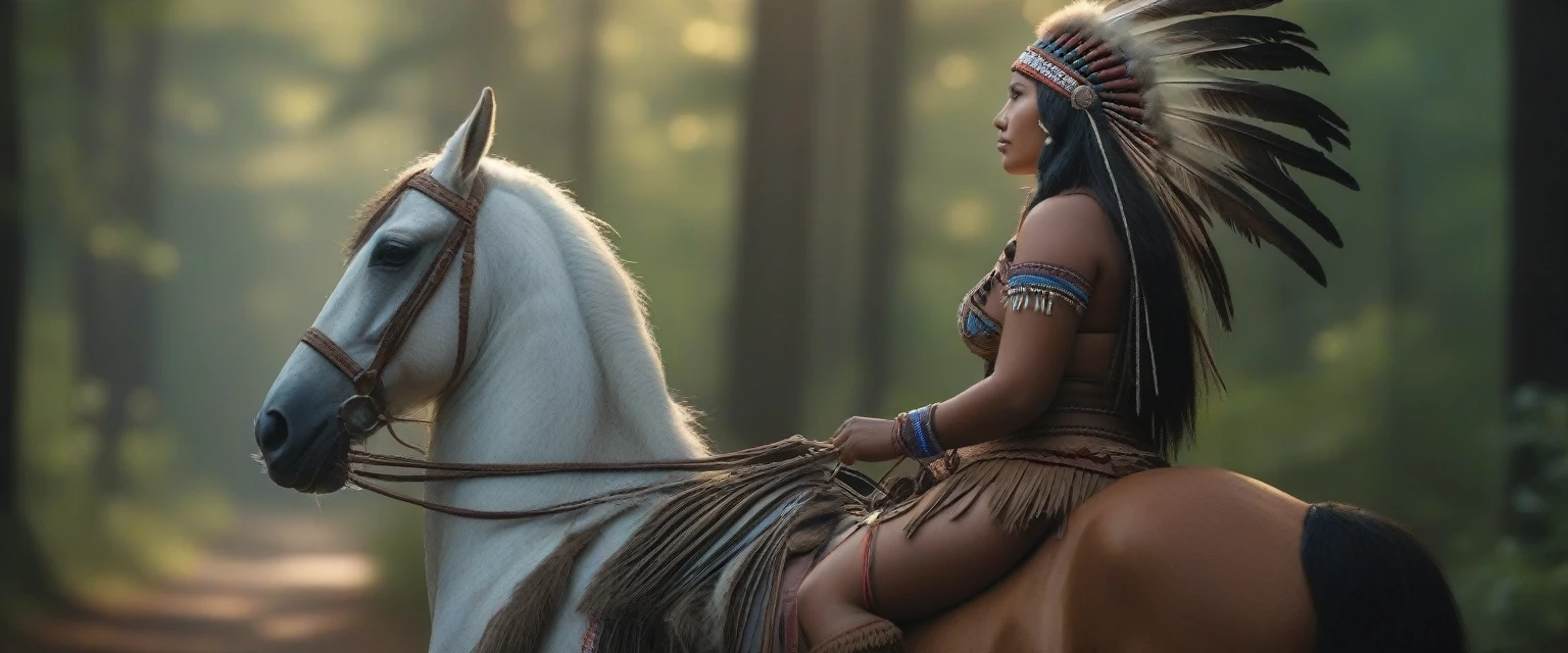 ((masterpiece)), ((best quality)), ((highres)), ((extremely detailed)), ((long shot, back view)), 1 black skinned large BBW girl as Pocahontas costume, full body, Beautiful Native American woman, mature woman, Big breast, (super realistic), (peerless beauty), detailed skin texture, detailed cloth texture, beautiful detailed face, intricate details, ultra detailed, indigenes feather jewelry, feather headdress, traditional handmade dress, (((riding on a huge fat Clydesdale horse))), (((road in the middle of the forest))), ultra realistic, concept art, elegant, ((intricate)), ((highly detailed)), depth of field, ((professionally color graded)), soft ambient lighting, dusk, (Best quality, A high resolution, Photorealistic, primitive, 8K,Masterpiece, ),Best quality, Masterpiec8K.hdr, (vivd colour:1.10)