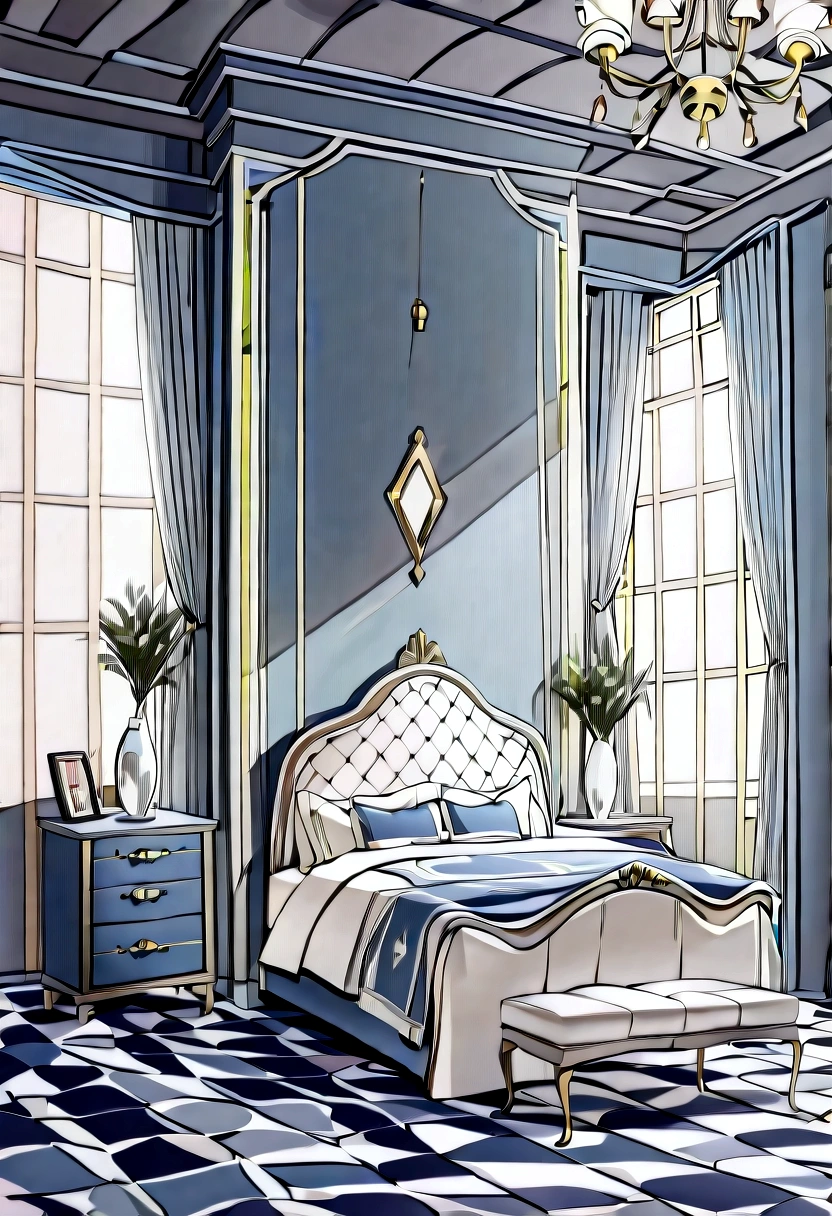 Create a picture of an 8 year old's room who likes the color blue. The design must be luxurious and sophisticated, incorporating modern and innovative elements. Use plenty of MDF for furniture and decorative details. The image must convey a cozy and elegant atmosphere, focusing on the following points:
bed-in: Centered in the room, with high headboard and upholstered in blue. A estrutura da cama deve ser in MDF com acabamento fino.
wardrobe: Built-in, made of MDF, with light blue doors and gold details.
study table: modern, in MDF, accompanied by a comfortable chair, ambos in shades of blue.
Play area: Include MDF shelves for organizing toys and books, with a light blue carpet.
Paredes: Decorated with blue and white wallpaper or artistic painting, with details that complement the theme.
lighting: Elegant chandelier in the center of the room and lamps on the bedside tables, with modern design.
blinds: light, in shades of blue, that harmonize with the decor.
Accessories: cushions, blue pictures and plush, adding a personal and magical touch to the room.