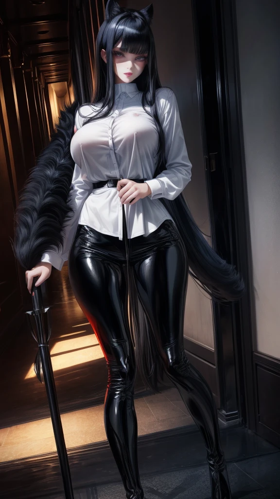 (Masterpiece, high quality), long black fur, with slightly messy bangs.  Dark,  Perfect eyes, detailed eyes with red pupils, perfect face, detailed face, detailed lips, red lips, Slim structure.  She wears shiny black leggings., black boots, and a long-sleeved white button-down shirt. He has an ax in his right hand, big breasts, perfect legs, dark hallway, at night 