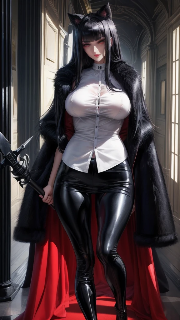 (Masterpiece, high quality), long black fur, with slightly messy bangs.  Dark,  Perfect eyes, detailed eyes with red pupils, perfect face, detailed face, detailed lips, red lips, Slim structure.  She wears shiny black leggings., black boots, and a long-sleeved white button-down shirt. He has an ax in his right hand, big breasts, perfect legs, dark hallway, at night 