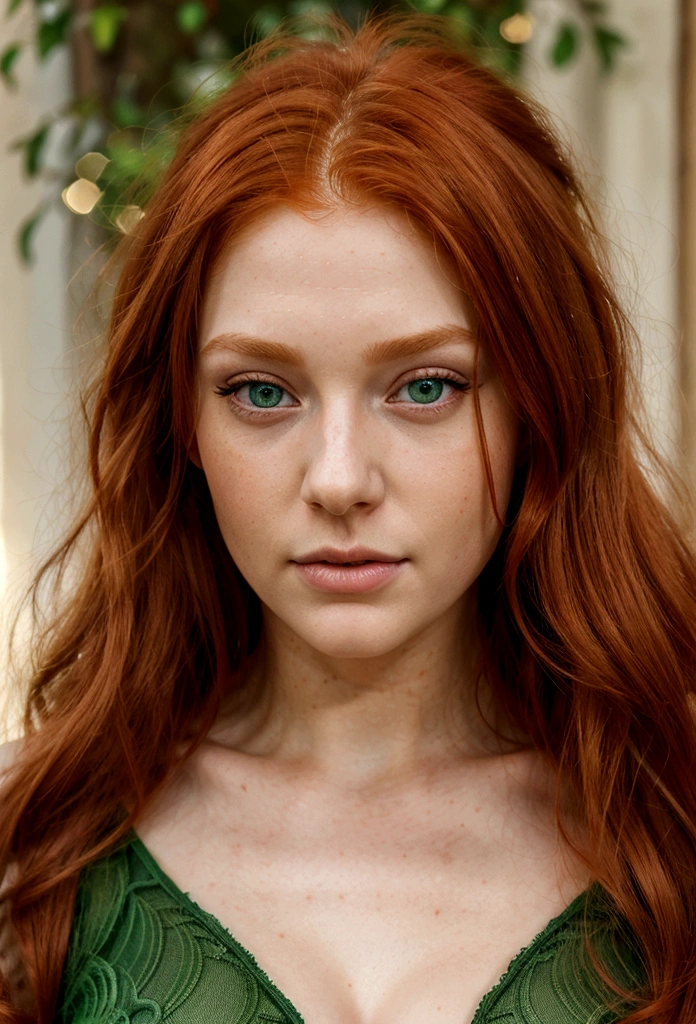 redhead haired woman with green eyes and long hair, digital art by Kurt Roesch, shutterstock, digital art, sexy girl with green eyes, soft portrait shot 8 k, with red hair and green eyes, beautiful realistic face, realistic beautiful face, detailed beauty portrait, photorealistic beautiful face, realistic digital painting, beautiful redhead woman, red hair and attractive features