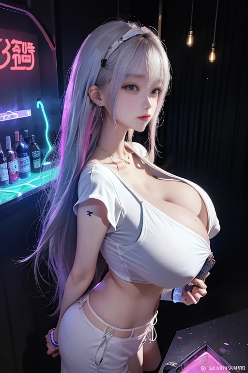 My makeup girl、Hotel、Black straight long hair、Shining neon lights、ガールズBar clerk、Bar clerk、Girl serving alcohol、Neon and uv black light store interior、cyber- 、White T-shirt that glows under UV black light、numerous piercings in the ears,、Big ample breasts、Big cleavage、Hot pants in satin fabric、A spaceship-like store、Reflective sake bottle、A faint reflection of liquor bottles on a shelf、Drink a cocktail、Smiling Female Ghost、cyber- vision monitor、Top view、Camel Toe、Giant tit、Earrings、necklace、Bracelet、Caster wheel、first round、Plump、Super big breasts、Ahoge、Slut、Cleavage,Mole on chest、transformation、Odd Eye、Bubble butt