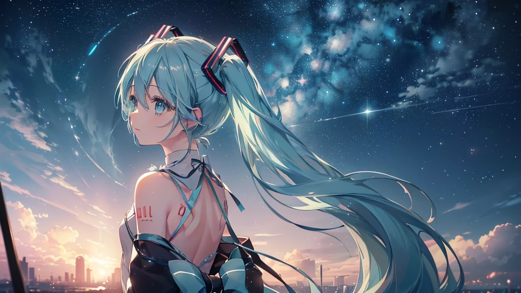 (Starry Sky), ((Beautiful eyes)), (((Hatsune Miku))), (((Highest quality、masterpiece、Ultra-fine、Ultra-fine、Exquisite、16K、Full HD,))) 、(((Back view))),Long eyelashes、White skin、(thin and long)、 ((cute)) ((One person))