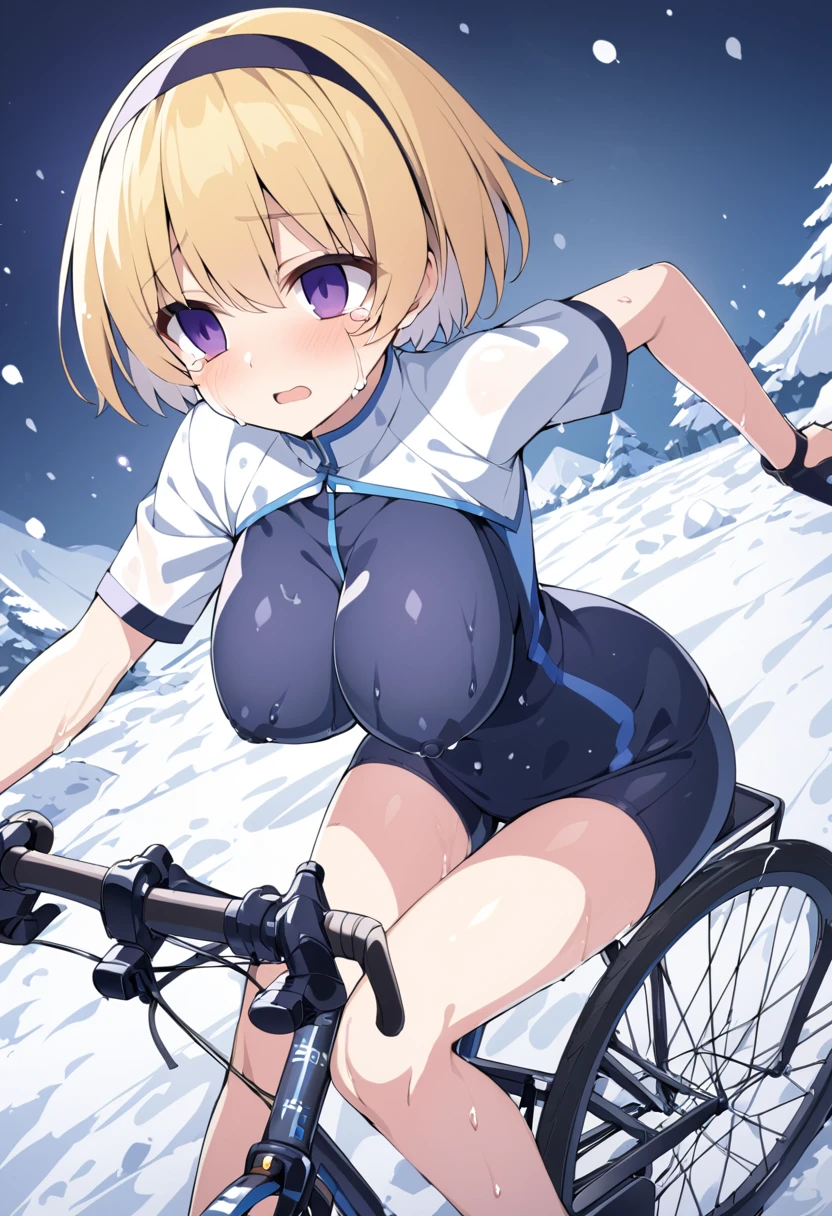 blonde hair, short hair, hairband, Purple eyes, ****ars old, , empty eyes , large breasts, solo, nipple, ride a bicycle, , Heavy snowfall area　凍結 wet crying 山 solo