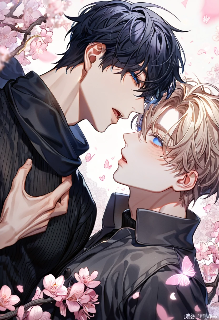 absurdres, highres, ultra detailed, HDR, master piece, best quality, extremely detailed face, delicated features, Kang Woojin, black messy hair, expressive dark blue eyes, Love Jinx, Gojou Satoru, ash blond hair, expressive blue eyes, two sexy men together, gay couple, yaoi, handsome, toned chest, black coat, black sweater, black scarf, fantasy, magical, radiant, blossoms, pink flowers, pink butterflies