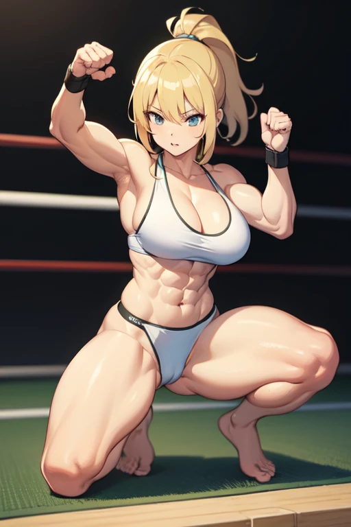 anime beautiful blond karate girl muscles fighter full body in dojo with strong abs, barefoot  