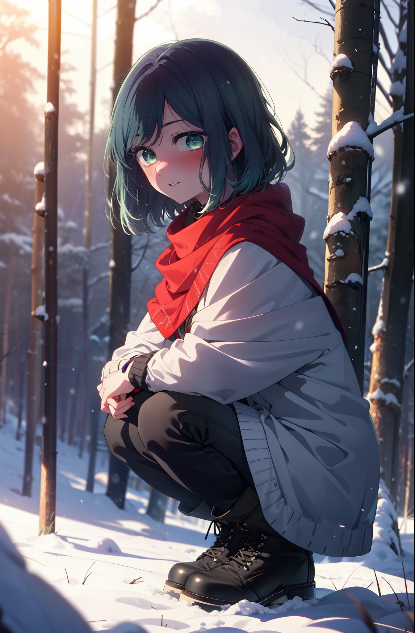 akanekurokawa, akane kurokawa, bangs, (Green Eyes:1.3), Blue Hair, Medium Hair, dark Blue Hair,smile,blush,White Breath,
Open your mouth,snow,Ground bonfire, Outdoor, boots, snowing, From the side, wood, suitcase, Cape, Blurred, , forest, White handbag, nature,  Squat, Mouth closed, Cape, winter, Written boundary depth, Black shoes, red Cape break looking at viewer, Upper Body, whole body, break Outdoor, forest, nature, break (masterpiece:1.2), Highest quality, High resolution, unity 8k wallpaper, (shape:0.8), (Beautiful and beautiful eyes:1.6), Highly detailed face, Perfect lighting, Extremely detailed CG, (Perfect hands, Perfect Anatomy),