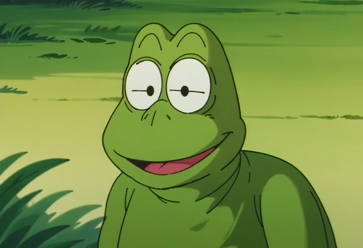 anime screencap,drgbls1, solo,anthro frog, male,score_9, score_8_up, score_7_up, score_6_up. smile, upper body,swamp, Kermit1024,  "Kermit", a muppet frog