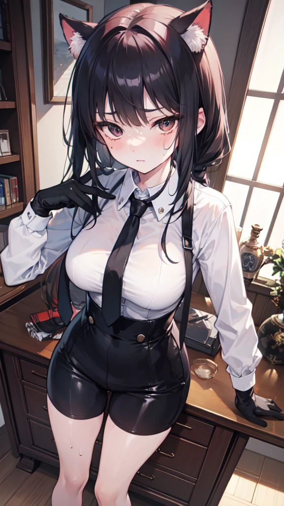 juri han, work of art, tight white secretary shirt with black tie, black high waist skirt, short skirt,stocking, black hair, black tights smile,office,franja nos olhos,iluminação,chifre de cabelos,visão de cima,olhando para cima
