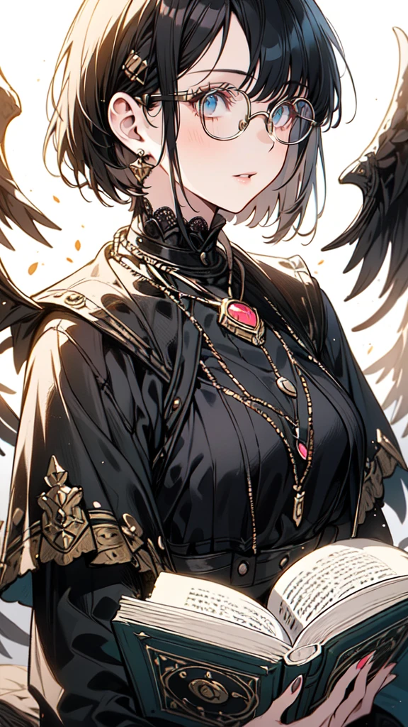 A girl with short brown bob haircut, wearing designer round glasses, reading a book, beautiful detailed eyes, beautiful detailed lips, extremely detailed eyes and face, long eyelashes, intricate book cover design, warm sunlight, photorealistic, masterpiece, ultra-detailed, vibrant colors, soft lighting, cinematic, award-winning illustration