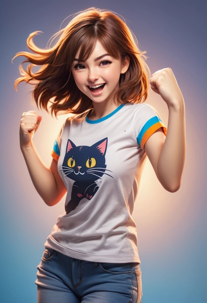 Brown-haired girl punching playfully like a cat, wearing a T-shirt, dynamic pose, cheerful expression, anime style, vibrant colors, detailed, soft lighting, whimsical mood, cute and energetic
