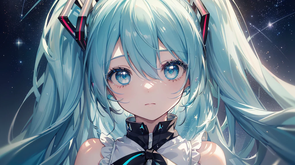 (Starry Sky), ((Beautiful eyes)), (((Hatsune Miku))), (((Highest quality、masterpiece、Ultra-fine、Ultra-fine、Exquisite、16K、Full HD,))) 、Long eyelashes、White skin、(thin and long)、 ((cute)) ((One person))