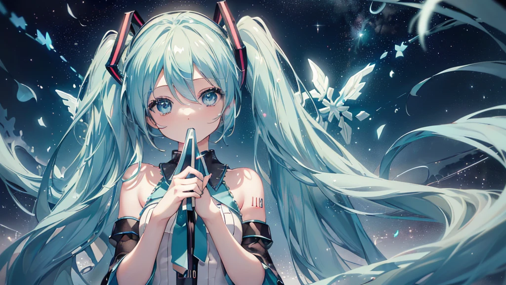 (Starry Sky), ((Beautiful eyes)), (((Hatsune Miku))), (((Highest quality、masterpiece、Ultra-fine、Ultra-fine、Exquisite、16K、Full HD,))) 、Long eyelashes、White skin、(thin and long)、 ((cute)) ((One person))
