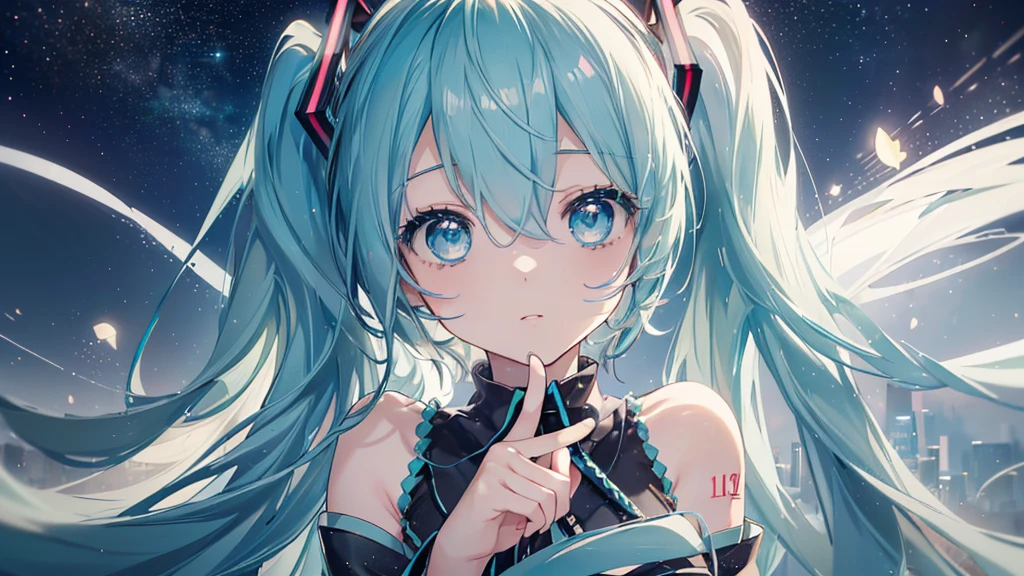 (Starry Sky), ((Beautiful eyes)), (((Hatsune Miku))), (((Highest quality、masterpiece、Ultra-fine、Ultra-fine、Exquisite、16K、Full HD,))) 、Long eyelashes、White skin、(thin and long)、 ((cute)) ((One person))