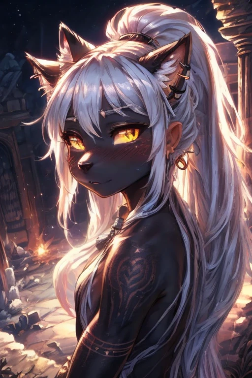 ((best quality, masterpiece, perfect anatomy, detailed picture)), furry, 1female, , two tone fur, black body, grey fur, sexy, long white hair, ponytail hair, fluffy feline tail, yellow sclera, tribal tattoo, ear rings, red blushing, shy, in the ruins, portrait, illustration
