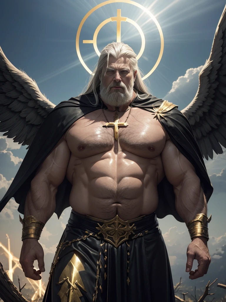 Hyperrealistic image of an old man with branches of thorns stuck in his body and bleeding over 80 years old blonde Nordic warrior holy martyr archangel superhero with rays of light coming out of his body and with two huge black wings spread with gray hair and a light halo with rays of light on his super heavy head and a very fat and very handsome bodybuilder with huge, flabby pecs and very sweaty big pointy nipples in a sky of very white clouds dressed only in a leather and gold Roman skirt and a cape and a large gold cross and jewels on the chest