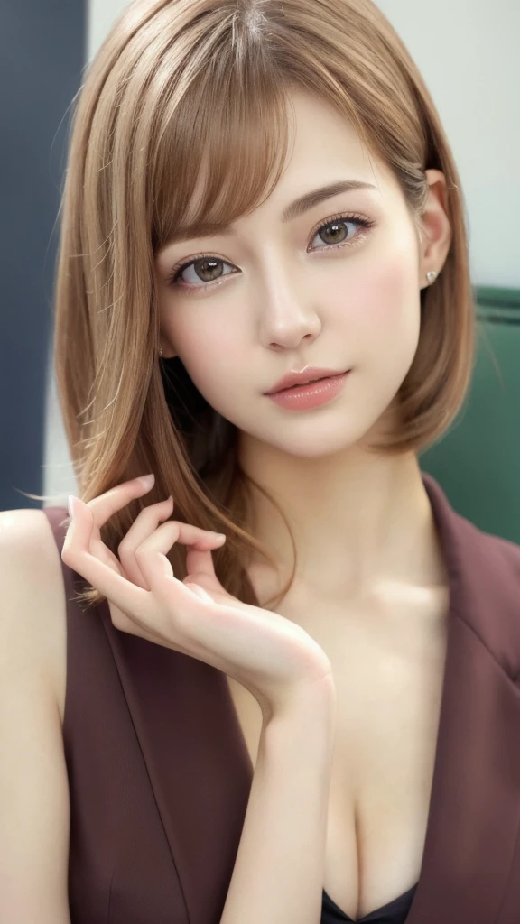 (RAW Photos, Highest quality), (Realistic, photo-Realistic:1.3), masterpiece, Very delicate and beautiful, Very detailed, CG, Unity , 2k wallpaper, wonderful, In detail, A light smile, Very detailed CG Unity 8k wallpaper, Large file size, Very detailedな, High resolution, Absurd, Soft Light, (((Medium Hair:1.3), Short bangs, Nova Frog Style)), Beautiful detailed girl, Detailed fingers, Very detailed eyes and face, Beautiful and sophisticated nose, Beautiful details, Long eyelashes, Light on the face, View Audience,((Office Suits:1.5)), One Girl, cute, young, Adult face, (whole body:1.3),  Realistic face, Realistic body, Beautiful thigh detail, 