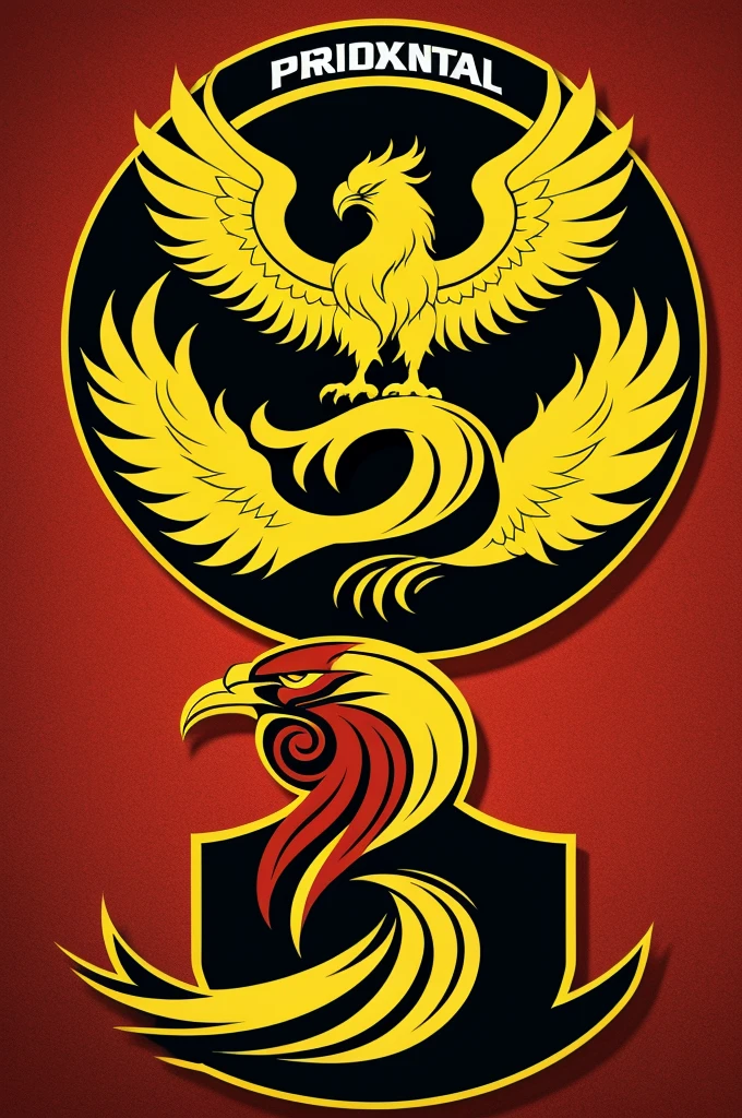 Professional basketball club shield with a minimalist phoenix with red, yellow and black colors