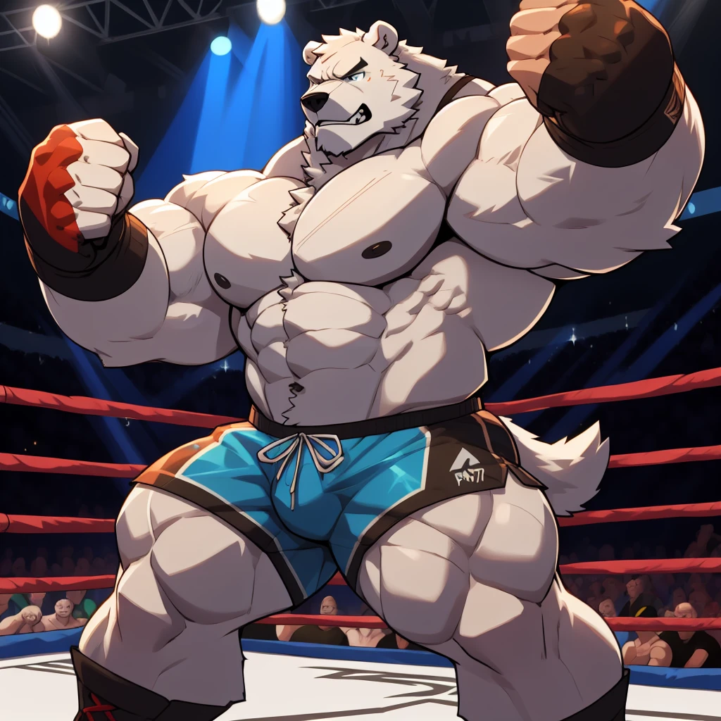 Huge muscular thick white fur Polar Bear bodybuilder shirtless in blue MMA shorts, blue MMA gloves and blue foot wear, at the MMA tournament. Punching and kicking at the MMA Wolf challenger. Fighting match