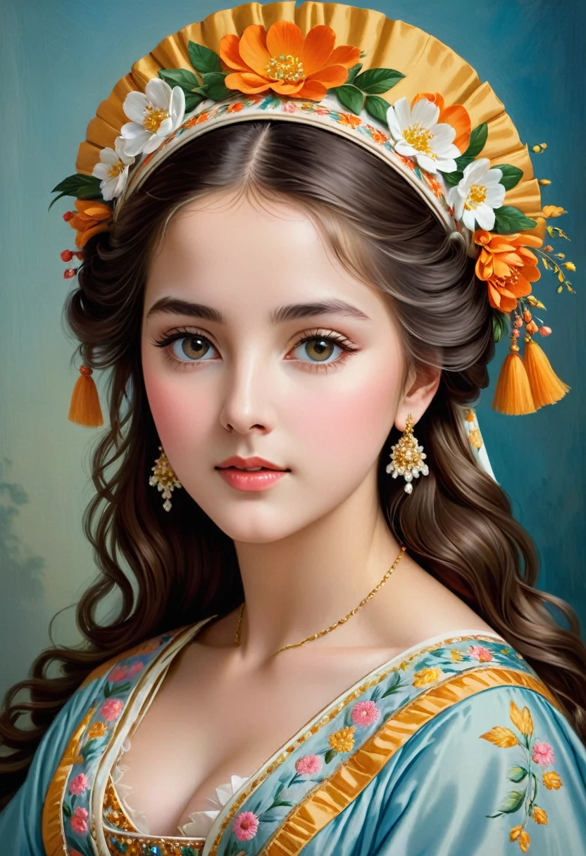 An exquisite portrait of a young, eastern woman, styled after the artistic influence of Elisabeth-Louise Vigée Le Brun. The subject, Grace Paola Salome, is depicted with a serene expression, wearing a traditional headpiece and a vibrant, embroidered dress adorned with floral patterns. The background is subtle and soft, allowing the subject's beauty and elegance to stand out. The overall ambiance of the painting is sophisticated and timeless, showcasing the artist's skill in capturing the essence of grace and femininity.