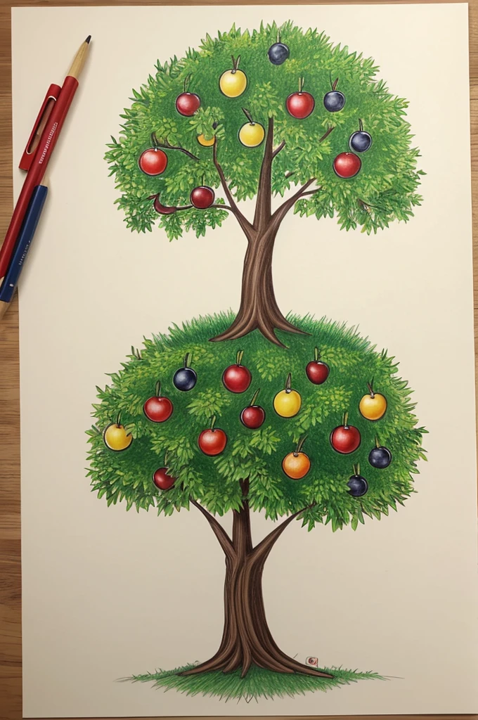 The drawing of a tree with fruits in the shape of balls of different sports for a student competition