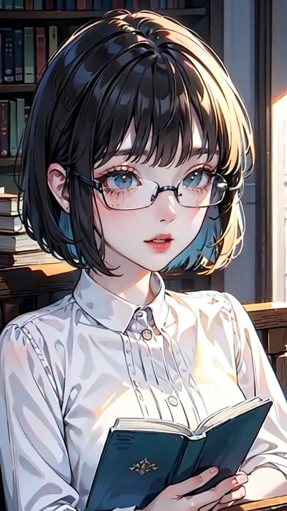 A girl with short brown bob haircut, wearing designer round glasses, reading a book, beautiful detailed eyes, beautiful detailed lips, extremely detailed eyes and face, long eyelashes, intricate book cover design, warm sunlight, photorealistic, masterpiece, ultra-detailed, vibrant colors, soft lighting, cinematic, award-winning illustration