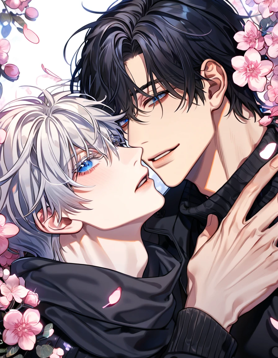 absurdres, highres, ultra detailed, HDR, master piece, best quality, extremely detailed face, delicated features, Kang Woojin, black messy hair, expressive dark blue eyes, Love Jinx, Gojou Satoru, ash blond hair, expressive blue eyes, two sexy men together, gay couple, yaoi, handsome, black coat, black sweater, black scarf, fantasy, magical, radiant, blossoms, pink flowers, pink butterflies