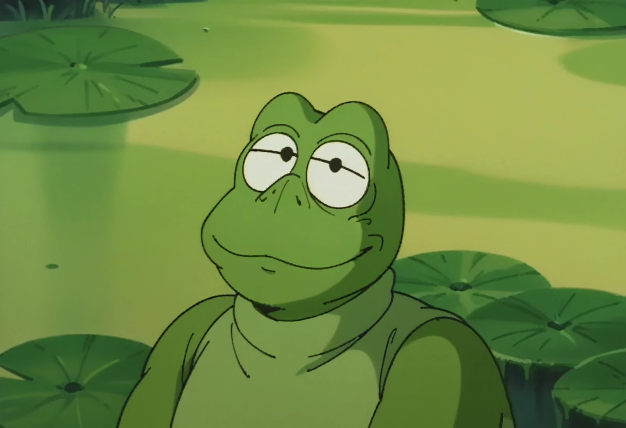 anime screencap,drgbls1, solo,anthro frog, male,score_9, score_8_up, score_7_up, score_6_up. smile, upper body,swamp, Kermit1024,  "Kermit", a muppet frog