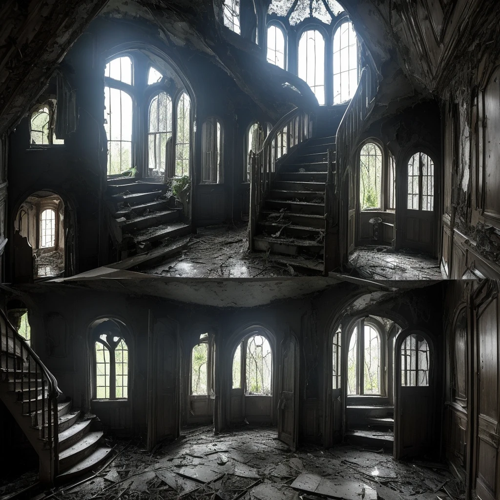 A haunted house abandoned inside, in the windows you can see strange shadows, the stairs are spiral, dark fairies peek out of the closets and in the rooms hide hairy and cuckold trolls. The house and its interior exude melancholy and sadness, abandonment and ruin, but between its cracks grow dark flowers and weeds
