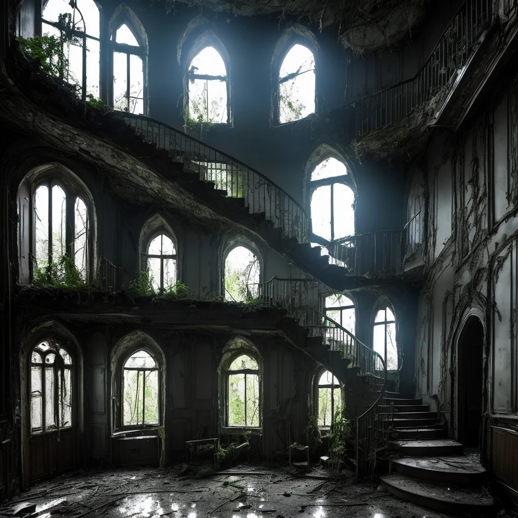 A haunted house abandoned inside, in the windows you can see strange shadows, the stairs are spiral, dark fairies peek out of the closets and in the rooms hide hairy and cuckold trolls. The house and its interior exude melancholy and sadness, abandonment and ruin, but between its cracks grow dark flowers and weeds