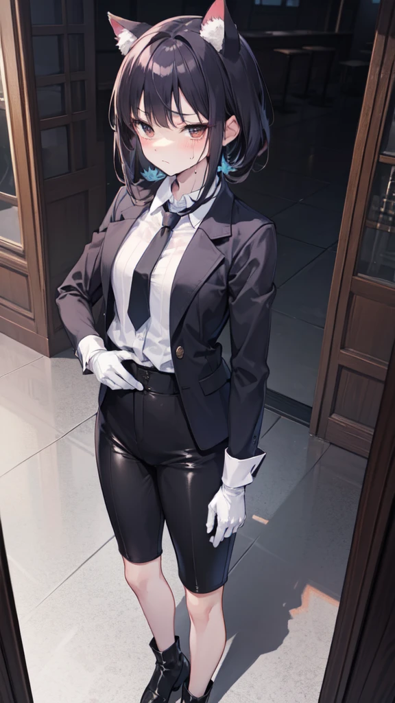 18-year-old Shota,cute,Wear a white long-sleeved shirt and a black work tie,Wear black pants,Wear black booties,Wear white gloves,wear cat ear,Black hair,Black eyes,Very thin waist,Very thin legs,Handsome,Disdainful and cold expression,shy,blush,Sweating,porn,Is giving sexual assault,Glove removal actionp
