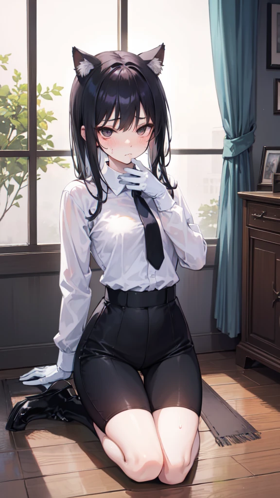 18-year-old Shota,cute,Wear a white long-sleeved shirt and a black work tie,Wear black pants,Wear black booties,Wear white gloves,wear cat ear,Black hair,Black eyes,Very thin waist,Very thin legs,Handsome,Disdainful and cold expression,shy,blush,Sweating,porn,Is giving sexual assault,Glove removal actionp