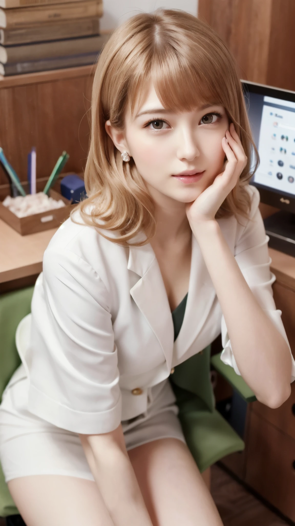 (RAW Photos, Highest quality), (Realistic, photo-Realistic:1.3), masterpiece, Very delicate and beautiful, Very detailed, CG, Unity , 2k wallpaper, wonderful, In detail, A light smile, Very detailed CG Unity 8k wallpaper, Large file size, Very detailedな, High resolution, Absurd, Soft Light, (((Medium Hair:1.3), Short bangs, Nova Frog Style)), Beautiful detailed girl, Detailed fingers, Very detailed eyes and face, Beautiful and sophisticated nose, Beautiful details, Long eyelashes, Light on the face, View Audience,((Office Suits:1.5)), One Girl, cute, young, Adult face, (whole body:1.3), Realistic face, Realistic body, Beautiful thigh detail,
