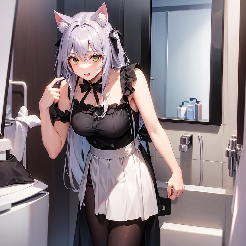 highest quality、masterpiece、((1 girl))、((smile:1.5))、(blush:1.5)、black shirt、blouse、((fun!!))、(small breasts)、(dog ears)、(silver hair)、()、((white apron:1.5))、((maid))、((hair ornaments)),、Kamimei、look at me、 ((in house:1.5))、 Take a break to watch the audience、((shaved pussy:1.5))、(highly detailed closed labia:1.5)、((Peeing is occurring:1.8))、peeing、light blue eyes、long hair